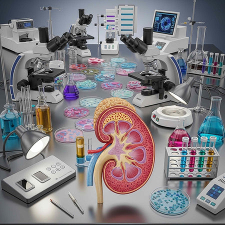 Medical laboratory equipment, including microscopes, petri dishes, beakers, and a kidney model, for...