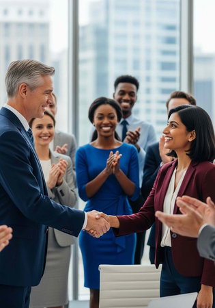Diverse group of colleagues in business attire celebrating a deal or agreement