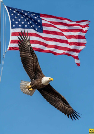 Eagle flying with outstretched wings beneath a waving American flag against a clear blue sky