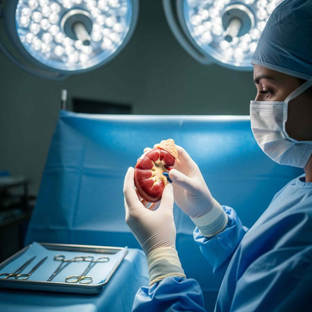 Doctor in blue scrubs and mask examines pomegranate in operating room with surgical tools