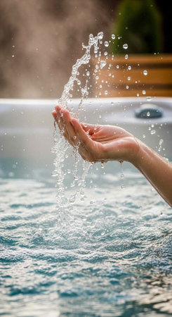 A hand cups water droplets from a hot tub or pool on a serene day