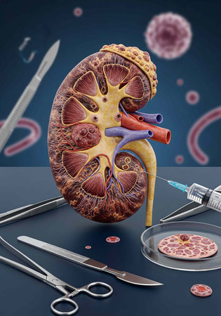 Kidney model with visible internal structures, surrounded by surgical tools, syringe, and petri dish...