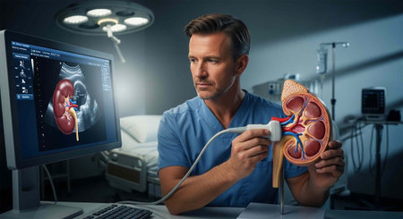 Doctor in blue scrubs holding kidney model and ultrasound probe with monitor displaying kidney scanの写真素材