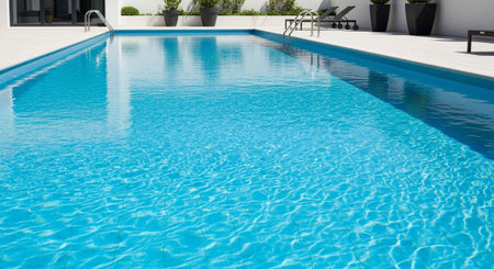 A large rectangular pool with bright blue water, surrounded by white deck and modern black lounge...