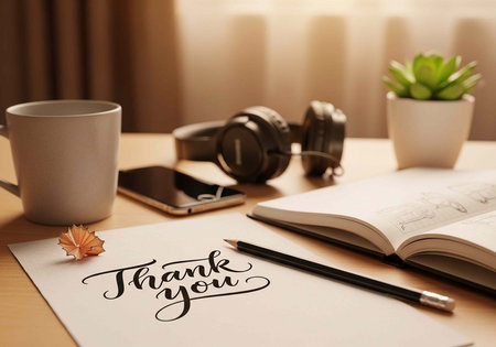 A warm and inviting workspace with a thank you note, coffee, headphones, and an open bookの写真素材