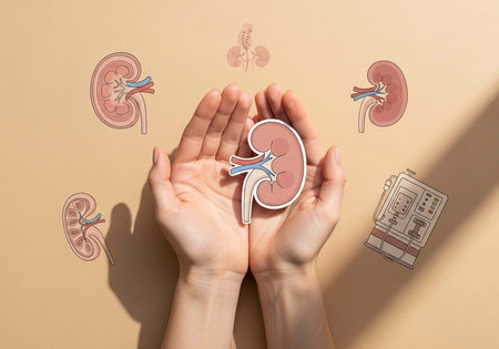 Pair of hands cradling a kidney model surrounded by detailed kidney diagrams and a dialysis machine