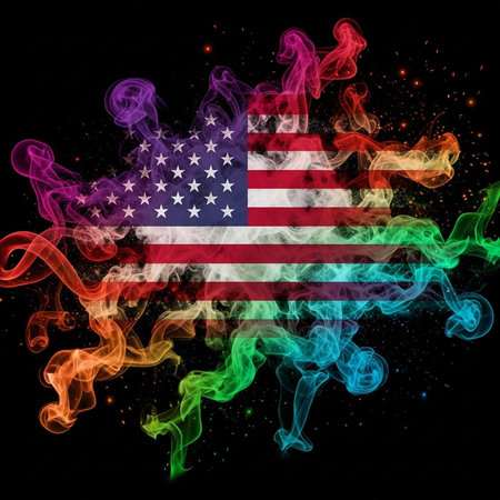 Colorful smoke surrounds the US flag against a dark backdrop with stars and sparksの写真素材