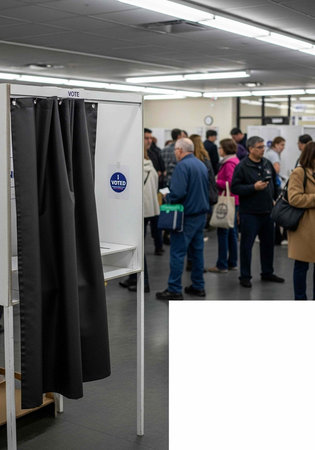 A voting booth with a crowd of people waiting in line to vote in a large roomの写真素材