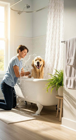 Woman kneels beside a bathtub with a wet golden retriever, water running, and a plant on a stool nearby.の写真素材