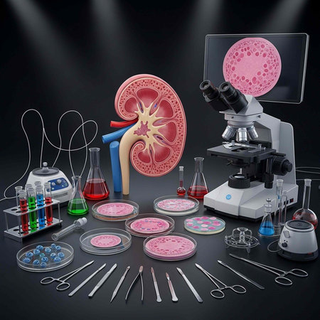 Various lab equipment, including a microscope, petri dishes, beakers, and medical tools, for kidney...