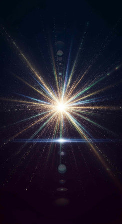 Bright shining star with colorful rays and lens flares in a dark celestial space