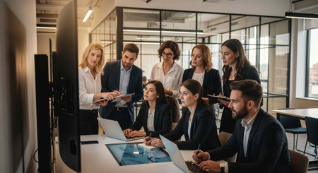 Group of professionals in business attire gathered around table with laptops and large computer...
