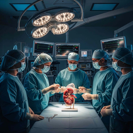 Surgeons in blue scrubs and masks gather around a kidney model on a lit table