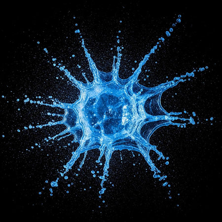 A dynamic blue water splash with droplets on a dark background