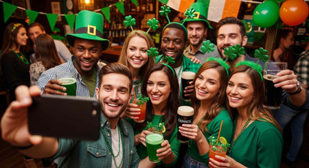 Diverse group of young adults wearing green, taking a selfie with drinks in a bar with St. Patrick's...