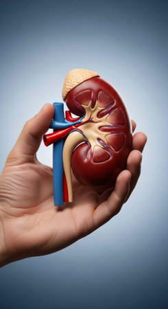 A hand cradles a realistic kidney model with visible blood vessels and ureterの写真素材