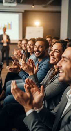 Group of people clapping and smiling in a meeting room with a speaker and screen