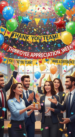 Diverse team in business attire celebrating Employee Appreciation Week with colorful balloons and...