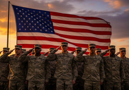 Soldiers in uniform salute with American flag waving behind them at dusk