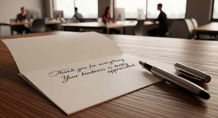 A thank you note on a card with pens on a wooden desk in an officeの写真素材