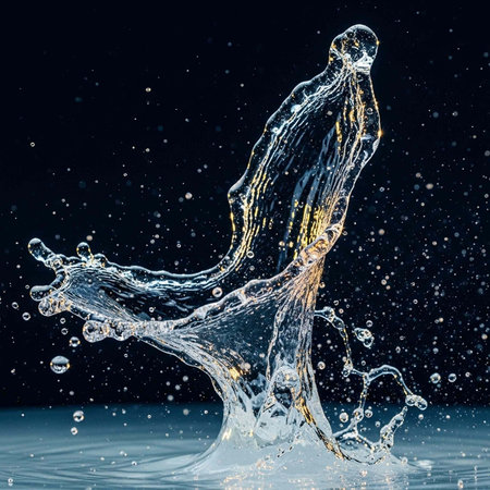 Water droplets and splash with golden light on dark background with ripples