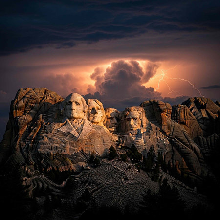 Majestic presidential monument with four giant faces under a stormy sky with lightning