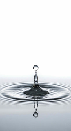Close-up of water droplet creating ripples in clear liquid on a white background