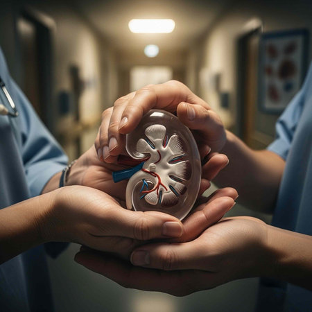 Two medical professionals holding a detailed kidney model in a hospital corridor, demonstrating...