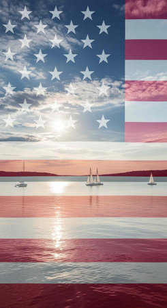 Patriotic image of American flag overlaid on calm water with sailboats at sunset