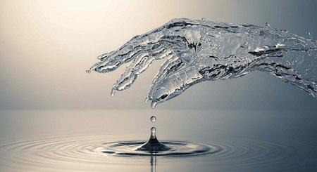 Clear water splashing with ripples and droplets on calm surface with grey and white background