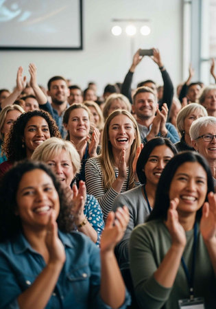 A large group of people from different ethnicities and ages clapping and smiling in a well-lit roomの写真素材
