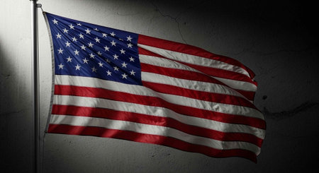 A USA flag on a pole with red, white, and blue colors against a dark background
