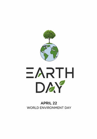 Illustration of Earth with tree and leaves, text EARTH DAY and APRIL 22 WORLD ENVIRONMENT DAY
