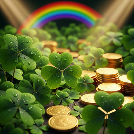 Lush green clover with dew drops, stacks of shiny gold coins, and a colorful rainbow in background