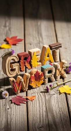 Wooden letters, autumn leaves, and small flowers arranged on a rustic wooden table, conveying a...