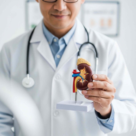 A doctor in a white lab coat holds a kidney model with colorful details.の写真素材