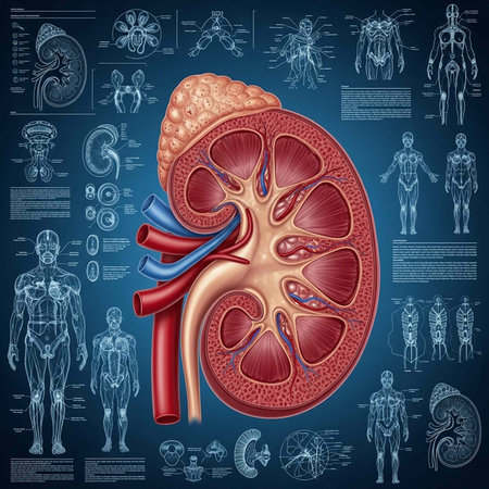 Colorful illustration of a kidney's internal structure with blue background and medical diagramsの写真素材