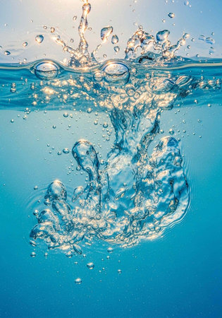 Vibrant blue water with splashing bubbles and sunlight shining through