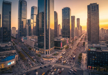 Cityscape with tall skyscrapers, busy streets, and cars at sunset