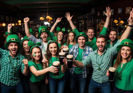 Group of people wearing green attire and accessories cheering with beer in a pubの写真素材