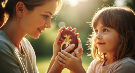 A woman and a young girl holding a model of a kidney in a natural outdoor setting.