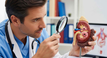 A doctor examines a kidney model with a magnifying glass in a medical office setting for diagnosis...