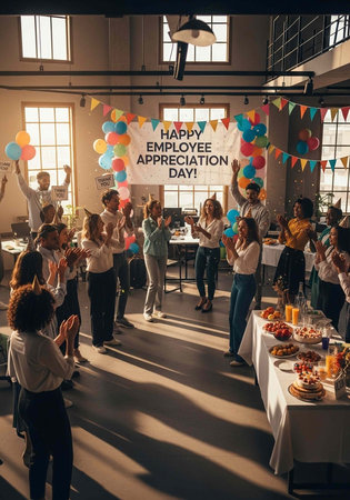 A group of happy employees celebrating Employee Appreciation Day in a large office with balloons and...