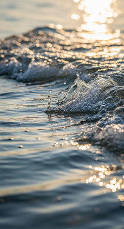 A serene ocean wave glistens in the sunlight at sunset, creating a peaceful natural scene.