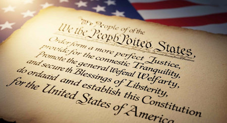 A close-up view of the United States Constitution document with the American flag in the background