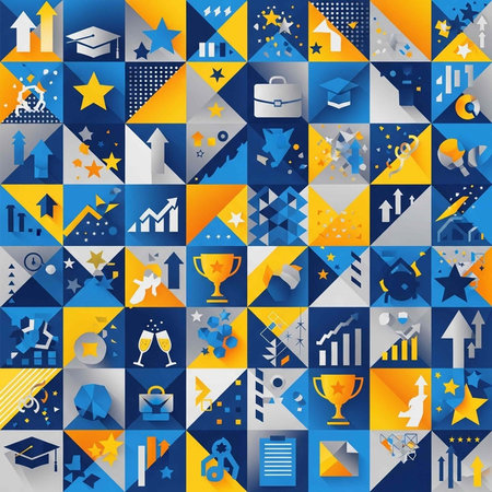 A vibrant mosaic of business and education icons in blue, yellow, and gray, representing success and...