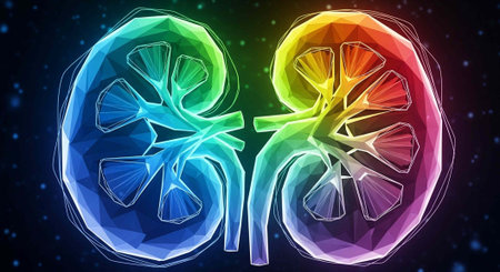Vibrant rainbow-colored 3D kidneys with detailed internal structures on a dark starry background