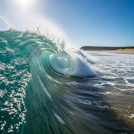 Large ocean wave with white foam and turquoise water under clear blue skyの写真素材