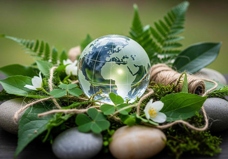 Crystal ball with earth reflection amidst leaves, flowers, and pebbles in serene outdoor environment