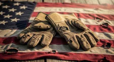 Pair of dirty, torn work gloves resting on a distressed American flag